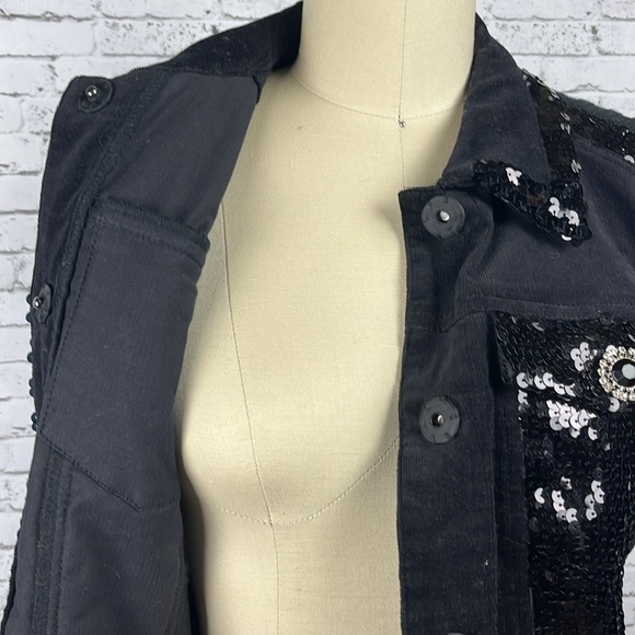 berek | black denim sequin jean jacket with knitted back petite size: MP - Picture 12 of 14